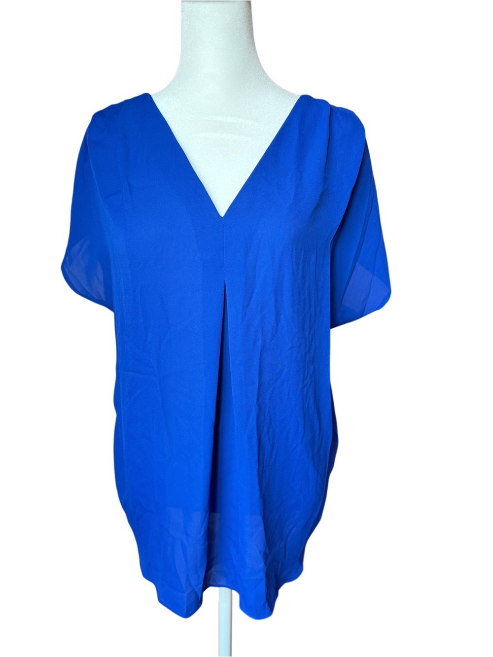 INC Blue Draped V Neck Blouse Sheer Sleeves XL